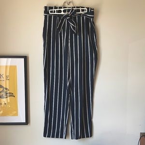 Navy and White Striped Paper Bag Pants